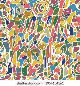 Stained glass seamless pattern in retro style. Abstract vector background with intricate lines and multi-colored fill. Mosaic texture. Suitable for wrapping paper, textiles, clothing, wallpaper design