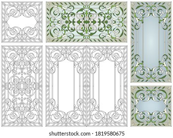 Hartglas-Set. Abstraktes geometrisches Blumenmuster in einem rechteckigen und quadratischen Rahmen / Farbiges Glasfenster im klassischen Stil für Decke- oder Türverkleidungen, Tiffany-Technik. Vektorset