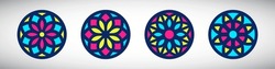 Stained Glass Simple Illustrations Collection. Circle Shape, Stylize Flat Rose Window Vector Ornament. Round Frames Set, Radial Floral Motive Design Elements. Colorful Tiny Mosaic Decorations.
