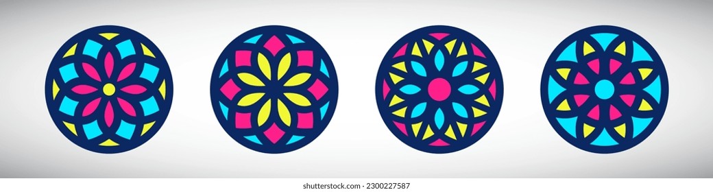 Stained glass simple illustrations collection. Circle shape, stylize flat rose window vector ornament. Round frames set, radial floral motive design elements. Colorful tiny mosaic decorations.