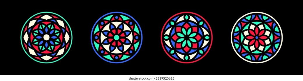 Stained glass simple illustrations collection. Circle shape, stylize flat rose window vector ornament. Round frames set, radial floral motive design elements. Mosaic decorations, black background.