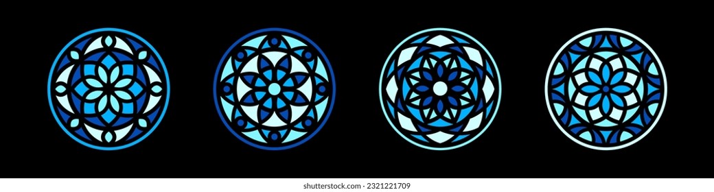 Stained glass simple illustrations collection. Circle shape, stylize rose window vector ornament. Round frames set, radial floral motive design elements. Blue mosaic decorations, black background.