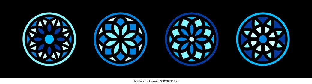 Stained glass simple vector illustrations set. Circle shape, stylize flat rose window ornament. Round frames collection, radial floral motive design elements. Colorful tiny mosaic decorations.