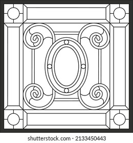 Vidrio tendido en marco cuadrado, ventana en el techo en marco cuadrado, composición simétrica, panel de ilustración vectorial para ventana. Copia de esquema