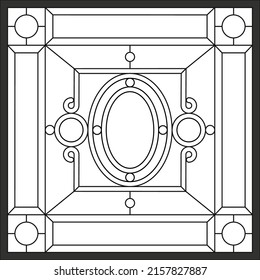 Stained Glass In Square Frame, Window On The Ceiling In Square Frame, Symmetric Composition, Vector Illustration Panel For Window. Outline Copy