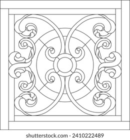 Stained glass in square frame, window on the ceiling in square frame, symmetric composition. Abstract flower, swirls and leaves. Vector illustration panel for window. Outline copy