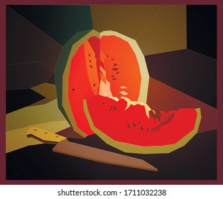 Stained glass still life. Picture of a watermelon. Vintage picture