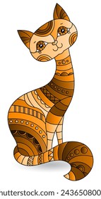 Stained glass style illustration with a cat, an animal isolated on a white background, tone brown