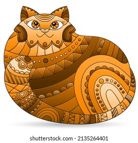 A stained glass style illustration with a cute cartoon  cat, the animal is isolated on a white background, tone brown
