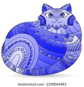 A stained glass style illustration with a cute cartoon  cat, the animal is isolated on a white background, tone blue