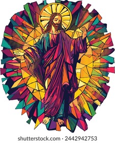 Stained glass style illustration of Jesus Christ with halo ascending to heaven, multicolored