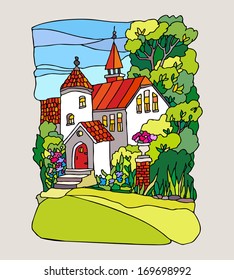 Stained glass style. Summer landscape with a beautiful mansion