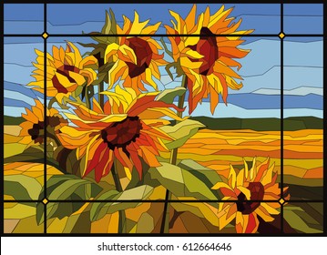 Stained glass sunflowers in a frame