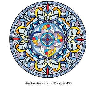 Stained glass t shirt print design, Colorful motif graphic print. Mandala cookbook artwork. 