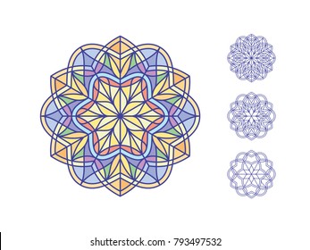 Stained glass templates, round elements for stained-glass windows. Simple mandala flowers in linear style. Vintage decorative element. Oriental pattern illustration. Vector illustration.