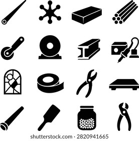 Stained Glass Tiffany and Glass Fusing Tools Icons Set - Solid Black Glyph Vector Collection