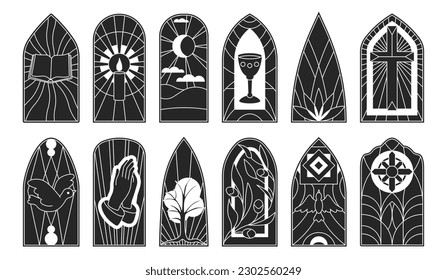 Stained glass vector black icon set . Collection vector illustration window church on white background. Isolated black icon set stained glass for web design.