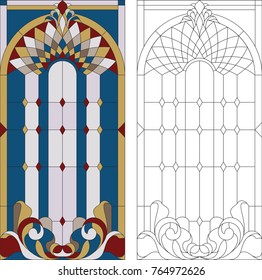 Stained Glass vector. Blue, white and gold colors. East style. 
Abstract ornaments. Stained Glass windows or doors.