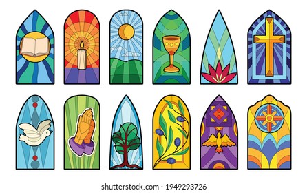 Stained glass vector cartoon icon set . Collection vector illustration window church on white background. Isolated cartoon icon set stained glass for web design.
