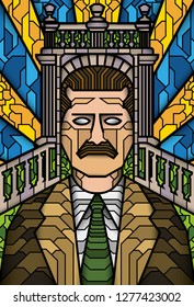 Stained glass vector depicting Juan de montoro, Founder of aguascalientes, mexico, with the san marcos garden arc in the background