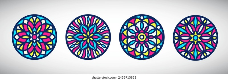 Stained glass vector illustrations collection. Circle shape, stylize medieval flat rose gothic window ornament. Round frames set, radial floral motive design elements. Colorful mandala decorations.