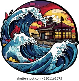 Stained glass vector of a large wave engulfing a village