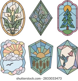 Stained glass vector set with nature motifs, flowers, sun, and bird in geometric frames
