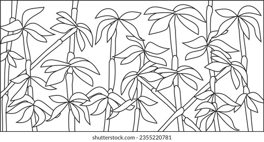 Stained glass vector template Bamboo. Contour plant drawing on glass. Window transom for painting.
