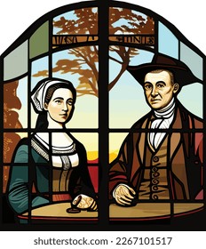 Stained glass window of Abigail (1744-1818) and John Adams (1735-1826)