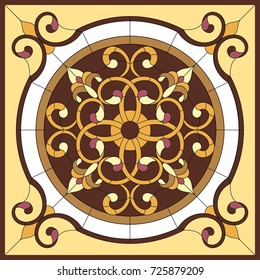 Stained glass window. Abstract Flower in square frame, geometric, window on the ceiling in square frame, symmetric composition, vector illustration.
