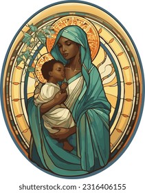 Stained glass window of African Virgin Mary and infant Jesus, vector