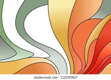 Stained glass window art vector illustration. Abstract mosaic landscape image. Colorful stylized fantasy print. Orange tree and white clouds. Color gradient parts. Nature digital design wallpaper.