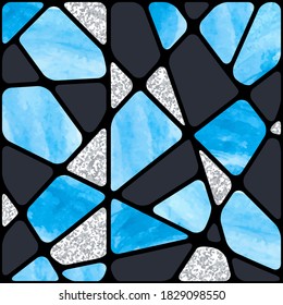Stained glass window background. Abstract blue mosaic pattern.