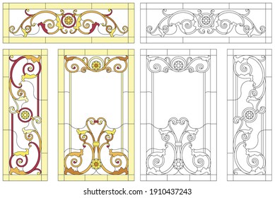 Stained glass window in baroque style for ceiling or door panels. Tiffany technique. Abstract glass panels, floral pattern in a rectangular frame. Detailed vector set. 