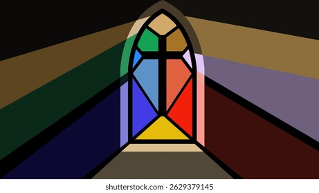 stained glass window in a church, flat color illustration