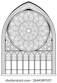 Stained glass window from Church of Our Lady of the Carmelites in Pont-l'Abbe. Vector drawing of Gothic window with rose. Black and white page for coloring book. Medieval French architecture.