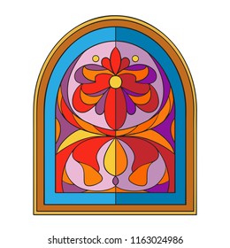 Stained glass window. Colored glass. Decorated with flowers and plants. Vector illustration on white background. Flat cartoon style.