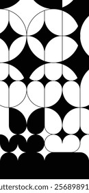 Stained glass window composition in Bauhaus style. Graphics black and white pattern of simple circle geometric shapes. The frame is a sample for artistic forging. Vector mosaic panels