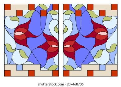 Stained glass window. Composition of stylized tulips, leaves, geometric border