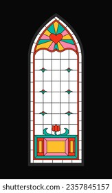 Stained glass window concept. Abstract traditional ornaments. Flower with geometric figures and shapes. Exterior and facade for church. Cartoon flat vector illustration isolated on black background