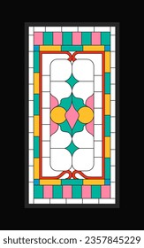 Stained glass window concept. Poster or banner for website. Exterior and facade for church building. Cathedral mosaic. Cartoon flat vector illustration isolated on black background