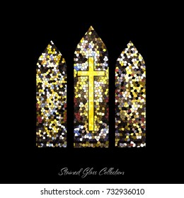 Stained glass window cross shape illustration, church mosaic, stain texture