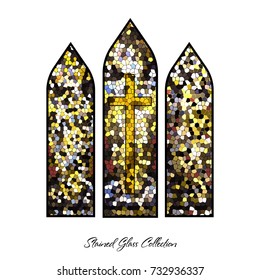 Stained glass window cross shape illustration, church mosaic, stain texture