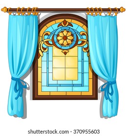 Stained glass window with curtains. Vector.