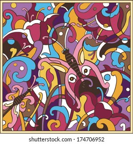 stained glass window depicting abstract flowers and butterflies