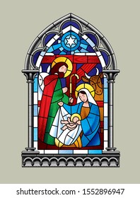 Stained glass window depicting Christmas scene in an engraving gothic frame. Vector illustration