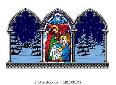 
Stained glass window depicting a Christmas scene in an engraved gothic frame on a winter background. Vector illustration
