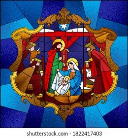 Stained glass window depicting Christmas scene in decorative baroque frame on blue background. Vector illustration