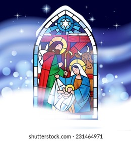 Stained glass window depicting Christmas scene against a might snow storm background. Christmas greeting card. Vector illustration