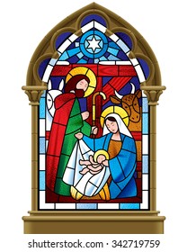 Stained Glass Window Depicting Christmas Scene In Gothic Frame Isolated On White Background. Vector Illustration